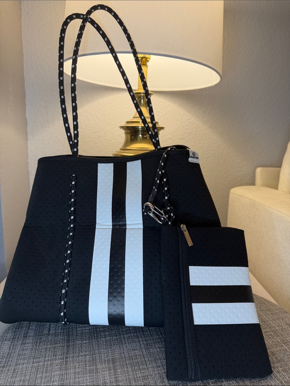 Black Tote with White Stripe Accent - Women's Neoprene Tote